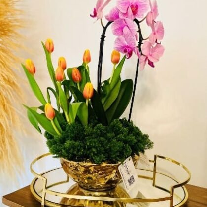 Orquídea y tulipanes